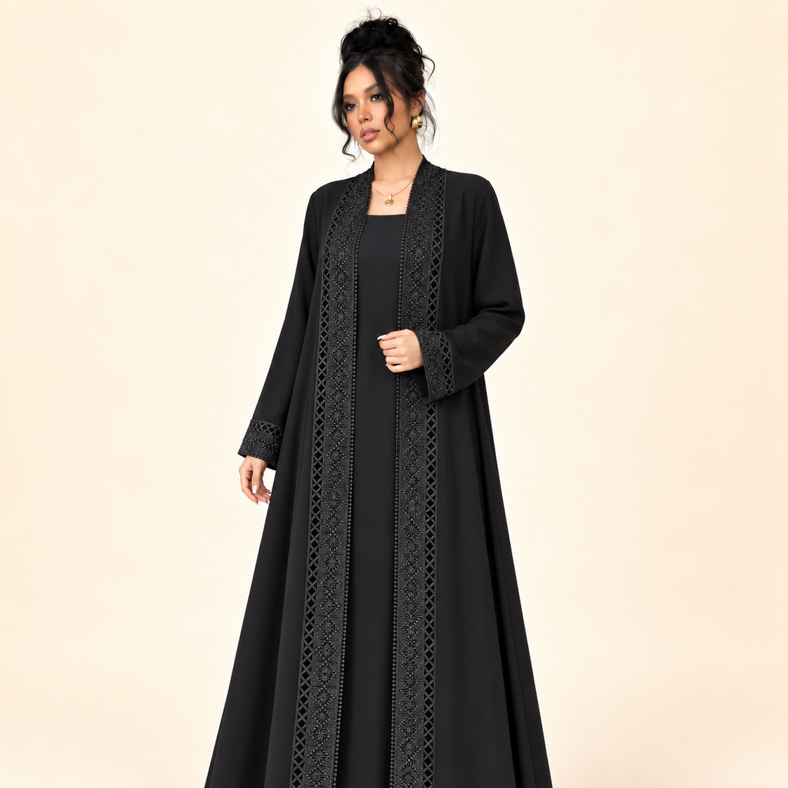 FAYRA Black Lace Open Abaya Set
