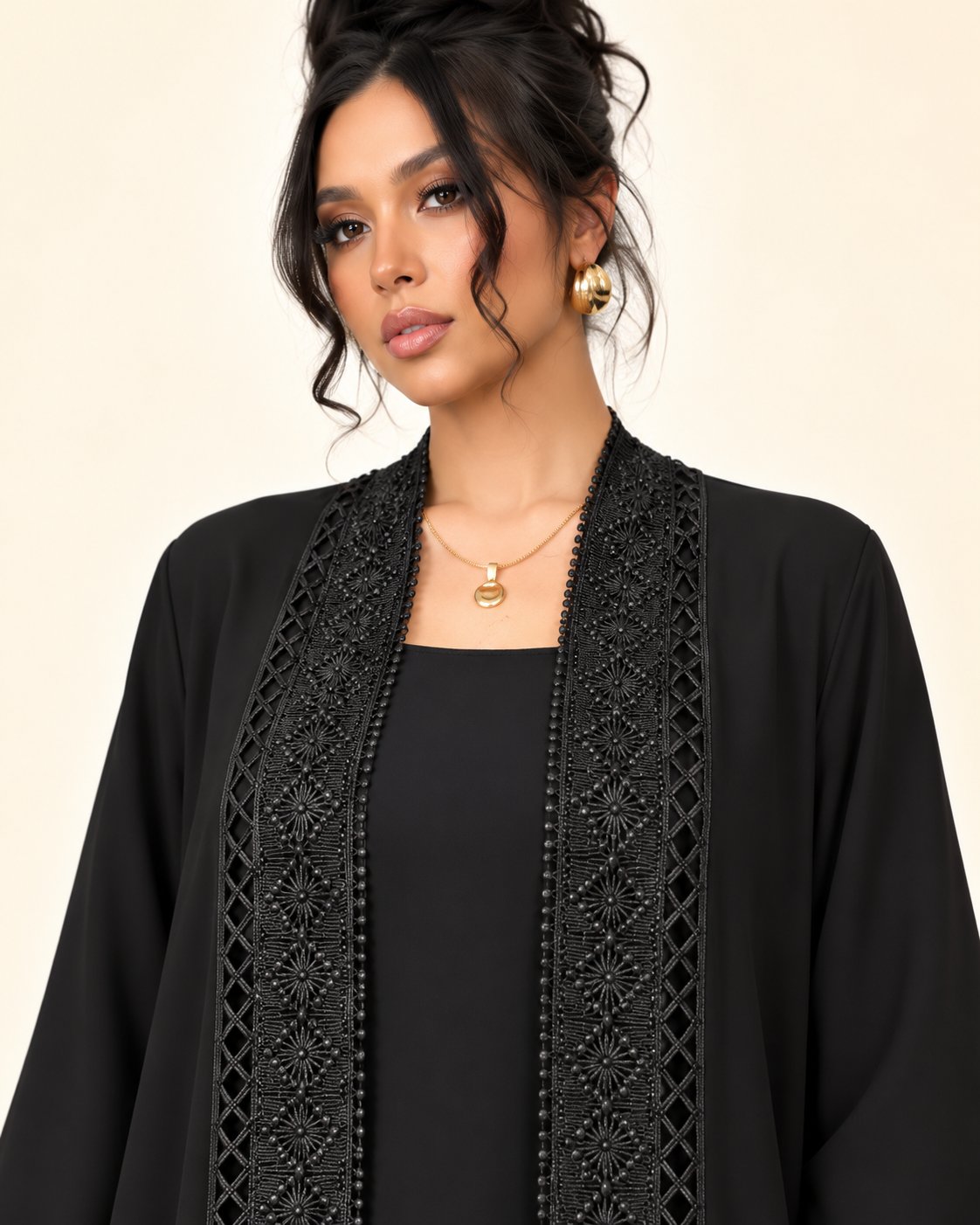 FAYRA Black Lace Open Abaya Set