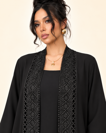 FAYRA Black Lace Open Abaya Set