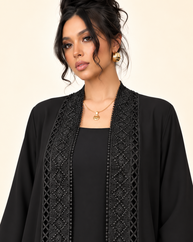 FAYRA Black Lace Open Abaya Set