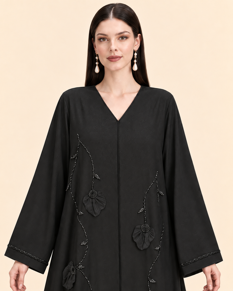 FAYRA Noir Bloom Textured Abaya Set