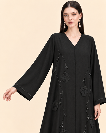 FAYRA Noir Bloom Textured Abaya Set