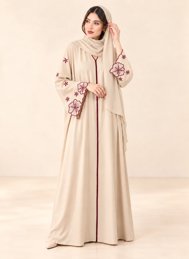 FAYRA Ivory Bloom Embroidered Abaya