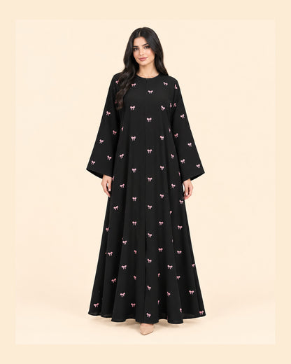 FAYRA Black Pink Bow Embroidered Abaya
