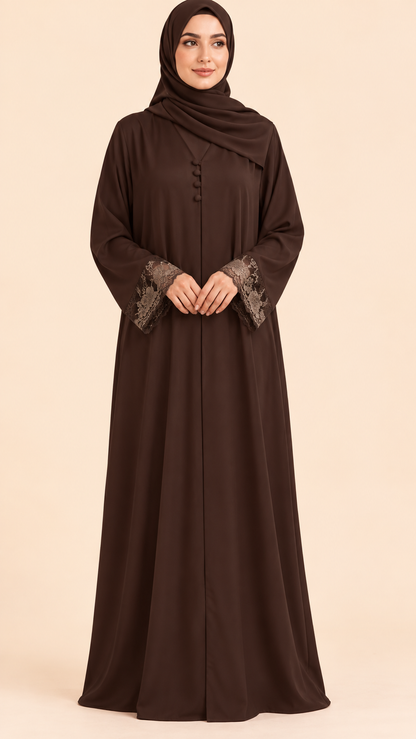FAYRA Espresso Brown Lace Cuff Abaya