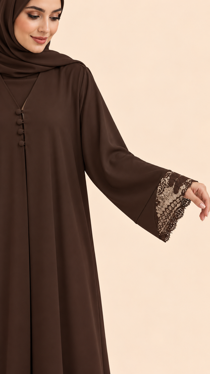 FAYRA Espresso Brown Lace Cuff Abaya