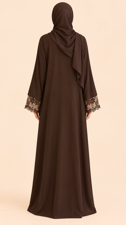 FAYRA Espresso Brown Lace Cuff Abaya