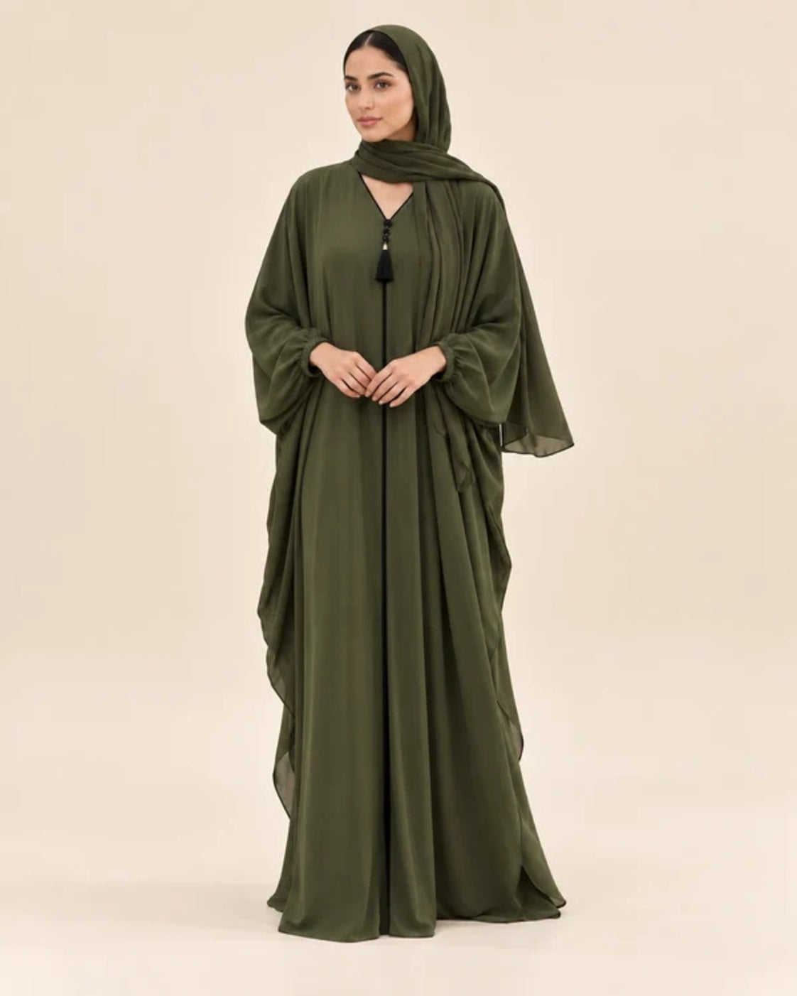 FAYRA Olive Aura Draped Abaya