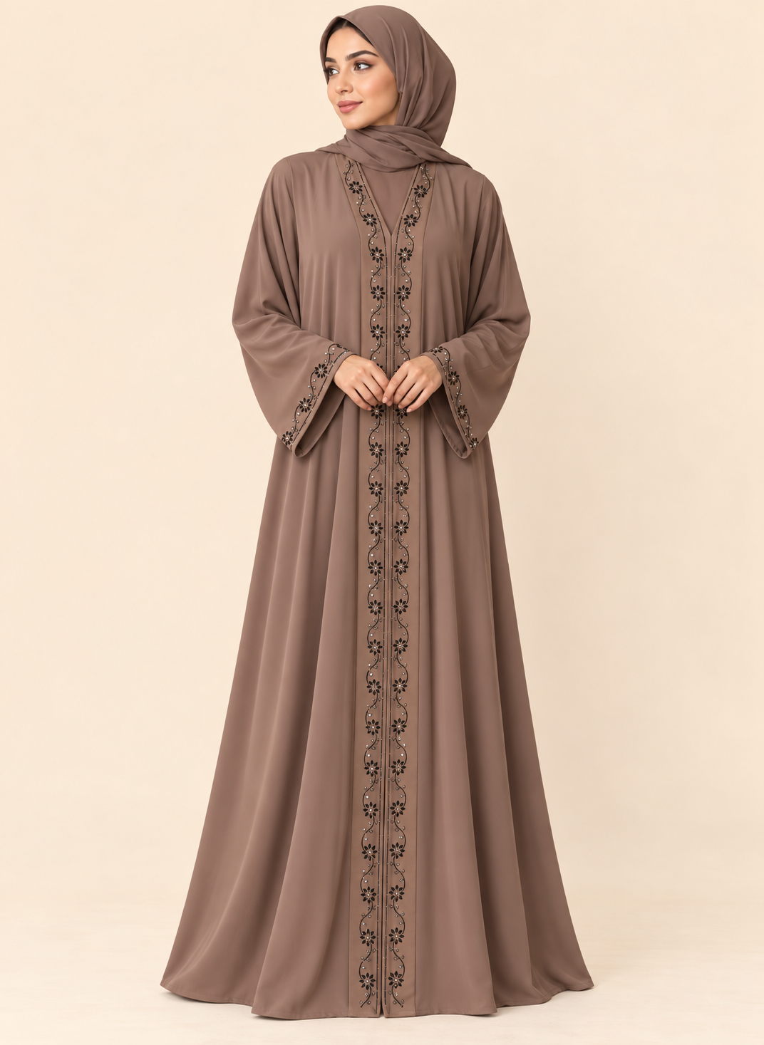 FAYRA Taupe Floral Embroidered Abaya – front view