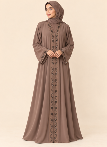 FAYRA Taupe Floral Embroidered Abaya – front view