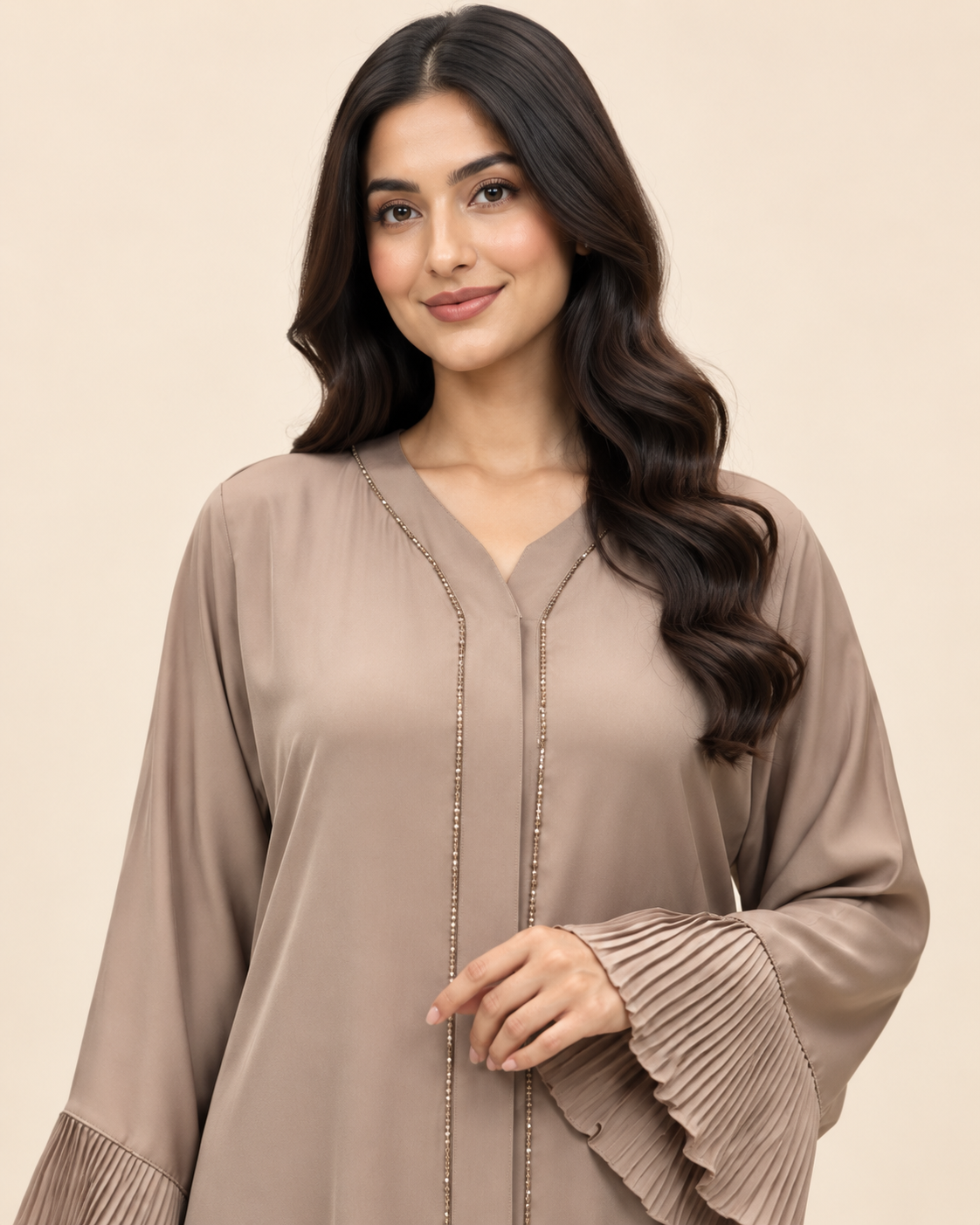 FAYRA Taupe Pleated Elegance Abaya